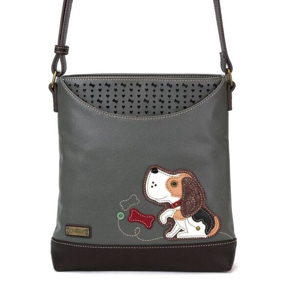 Chala Handbags - Chala Vegan Crossbody Bag Beagle Dog Applique Gray/Brown Adjustable Straps Zip